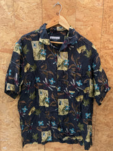 Vintage 90s 100% silk black beige floral art pattern shirt size M by Firethorne